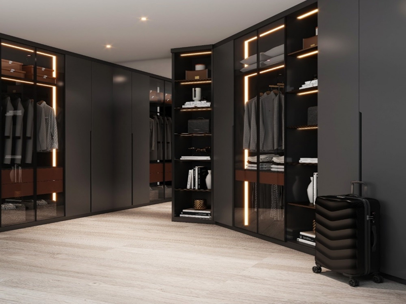 Dressing en bois laqué noir mat minimaliste au design léger de luxe avec bandes lumineuses intégrées