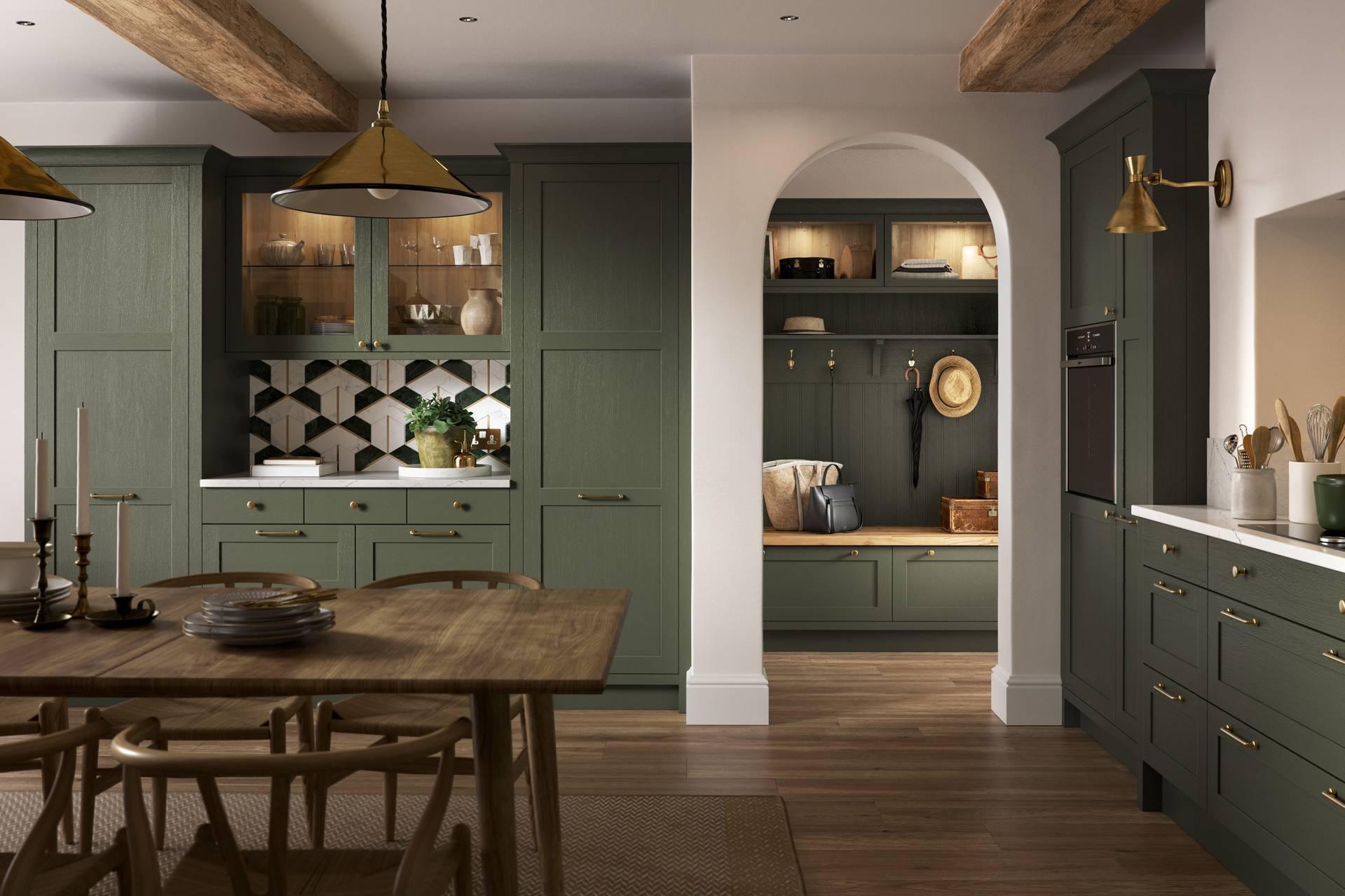 Armoires de cuisine en bois massif laqué vert foncé de haute qualité avec poignées dorées