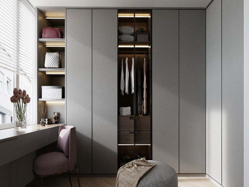 Armoire de chambre à coucher Design RNew, finition à Membrane en PVC gris, armoire en bois massif