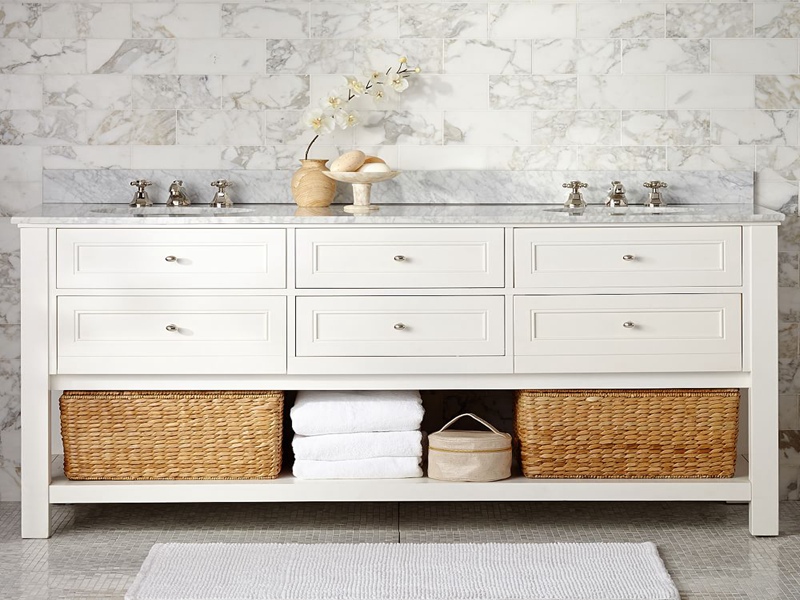 Élégant meuble-lavabo de salle de bain en bois massif laqué blanc de style Shaker avec comptoir lumineux