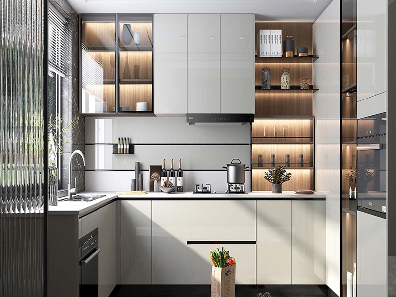 Armoires de cuisine modernes en bois massif laqué blanc brillant de haute qualité avec poignées noires