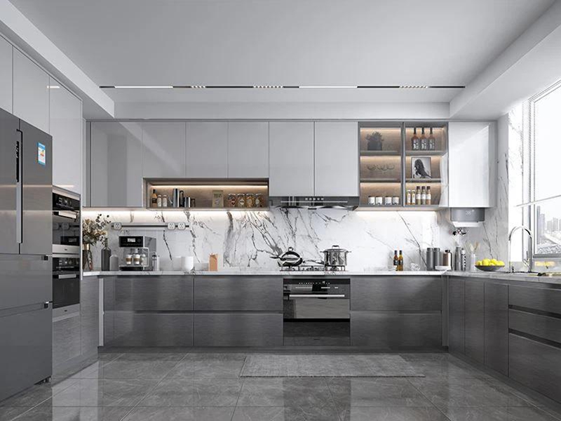 Buffets de cuisine en bois massif de dessus acrylique brillant gris clair minimaliste avec dessus en verre