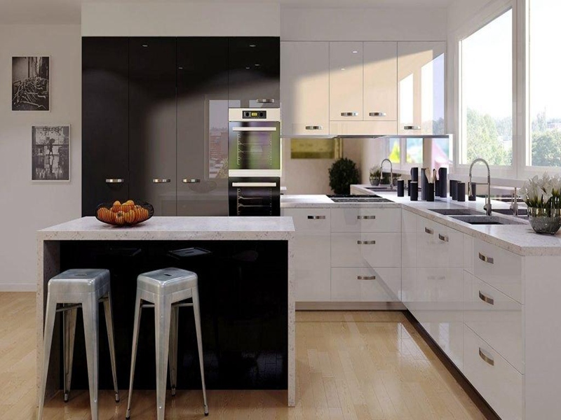 Armoires de cuisine bicolores de style moderne, finition acrylique brillante, armoires de cuisine noires et blanches