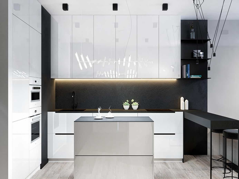 Armoires de cuisine en bois massif à finition acrylique brillante blanche minimaliste moderne