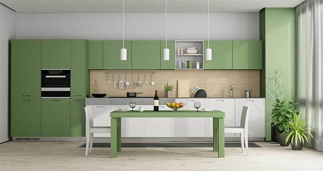 Armoires de cuisine à panneau plat au fini laqué vert minimaliste avec comptoir en bois massif