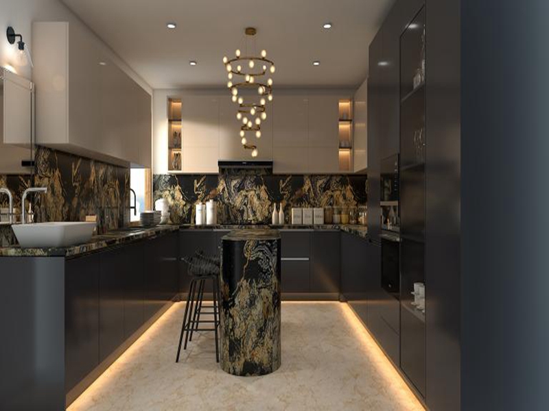 Armoire de cuisine de couleur unie, design de luxe léger, avec panneaux de laque
