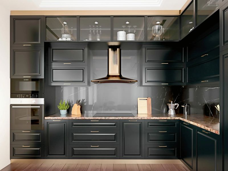 Armoire de cuisine en bois massif laqué noir mat de style Shaker classique avec portes à cadre en aluminium noir