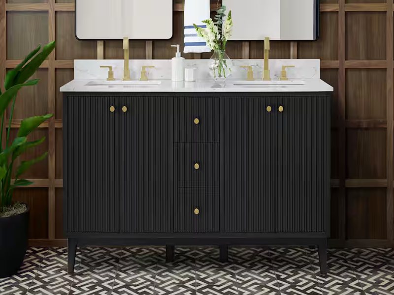 Armoire de salle de bain en bois massif laqué noir, style luxueux et léger, avec cannelures