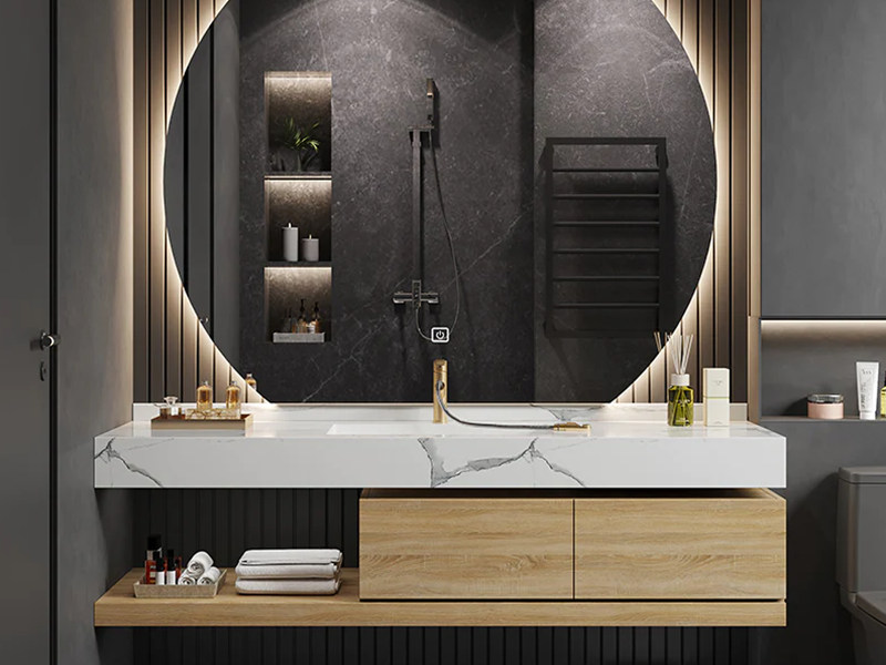 Armoire de salle de bain minimaliste en bois massif sans traction avec conception de comptoir