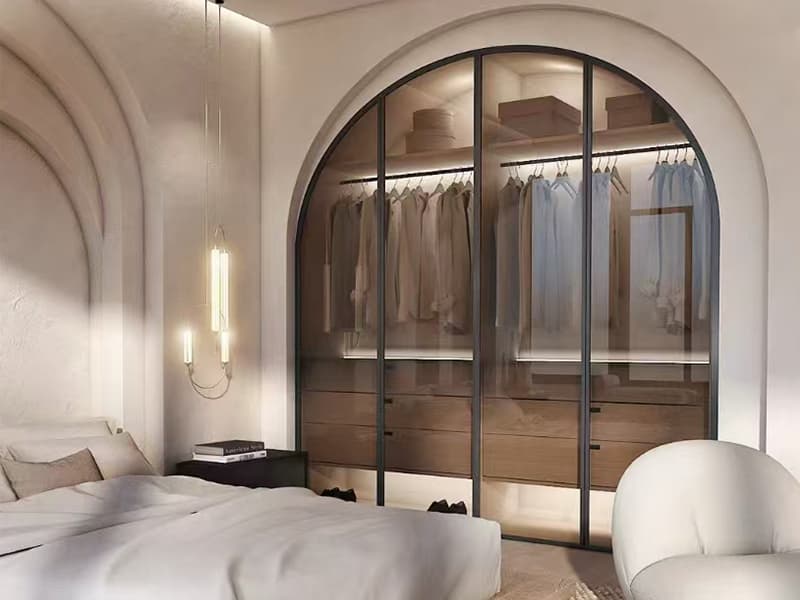 Glass sliding door wardrobe with led strip light