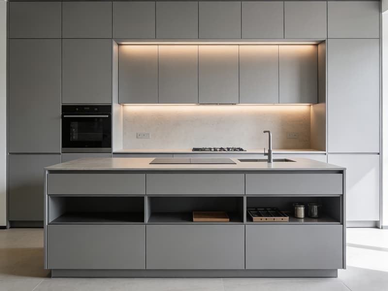 Grey matte kitchen cabinet