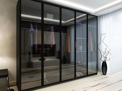 Modern Black Aluminium Framed Glass Panels Solid Wood Wardrobe
