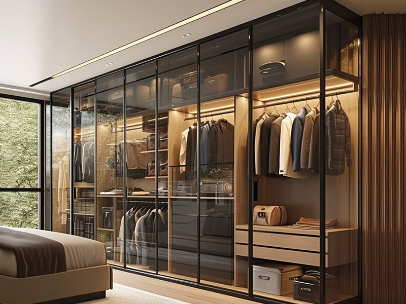 Dressing modulaire haut de gamme en bois, armoire de chambre à coucher avec portes en verre et éclairage LED