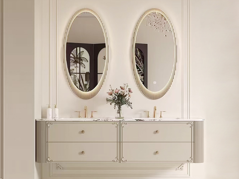 Meuble-lavabo double de salle de bain mural de luxe, style romantique français, brillant, avec miroir personnalisé caractéristique