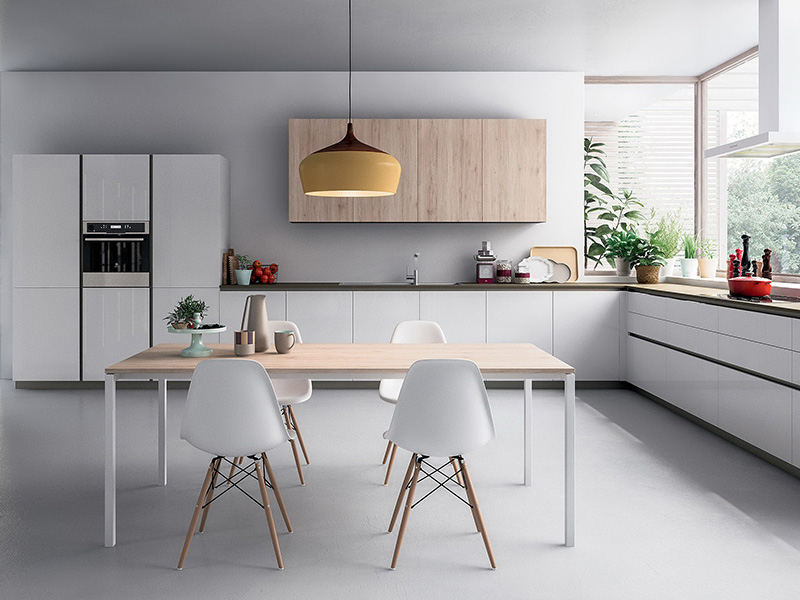 Armoires de cuisine laquées blanc mat, armoires de cuisine en bois modernes et minimalistes en forme de L