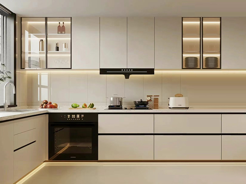 Armoires de cuisine modernes en forme de L, prix d'usine, design simple, armoires en bois laqué mat avec bande lumineuse LED